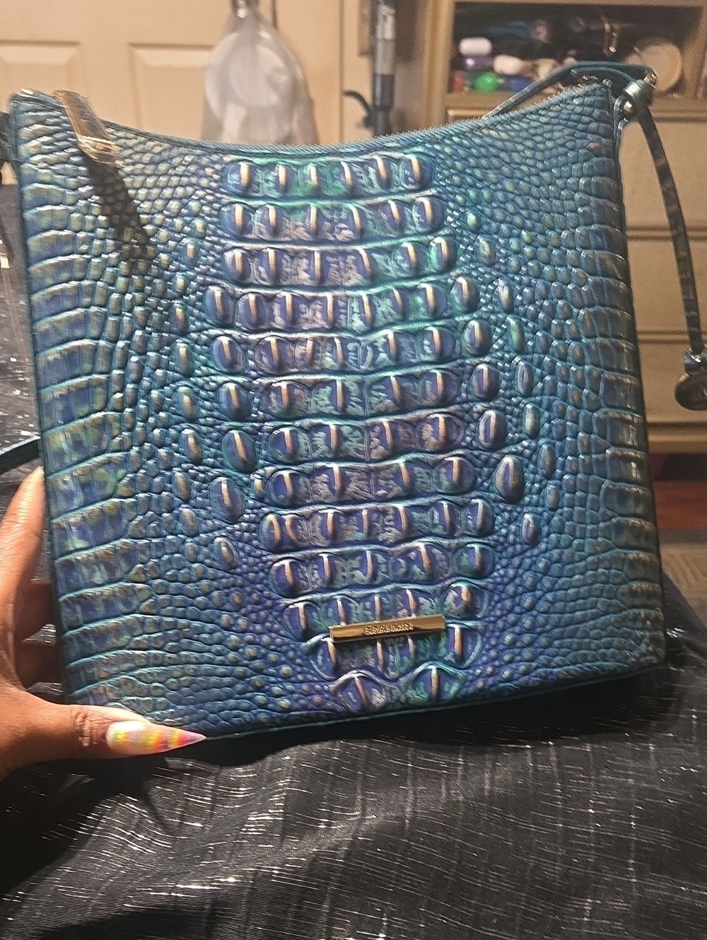 Brahmin Dragon.... SOLD OUT Teal/Blue Iridescent Croc-Embossed Shoulder Bag